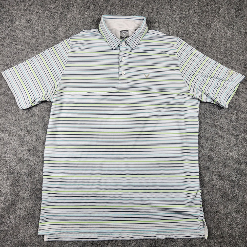 Callaway Opti-Dri Mens L Striped Golf Polo Shirt Blue Green White Short Sleeve